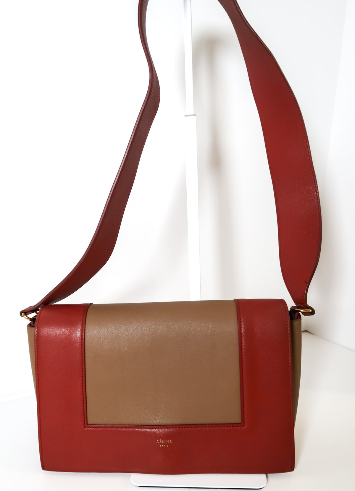 Celine Medium Frame Colorblock Leather Shoulder Bag – Orange Terracotta Red & Beige - additional view 6