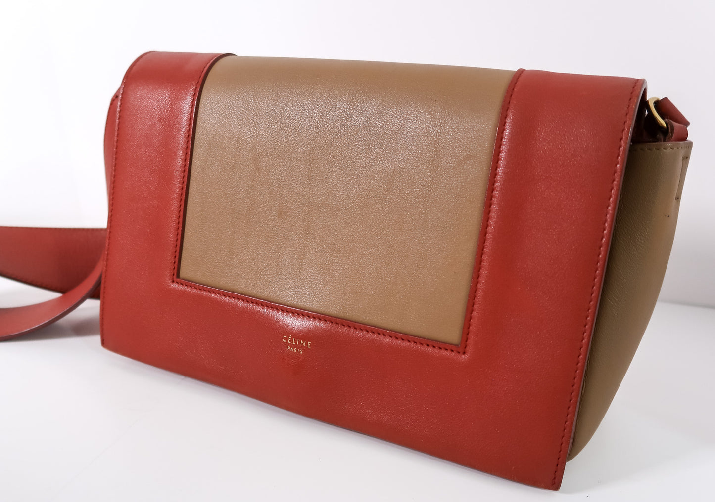 Celine Medium Frame Colorblock Leather Shoulder Bag – Orange Terracotta Red & Beige - additional view 9