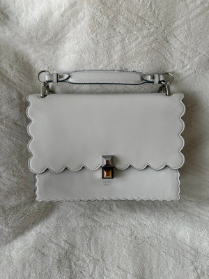 *New Pics* Fendi Kan I Small Scalloped Leather With Silver Chain Shoulder Bag – White