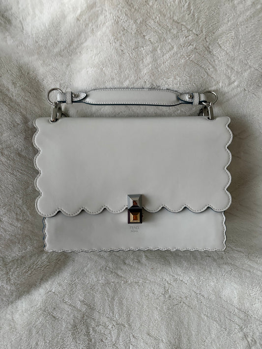 *New Pics* Fendi Kan I Small Scalloped Leather With Silver Chain Shoulder Bag – White
