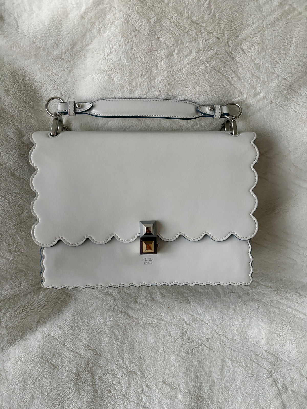 *New Pics* Fendi Kan I Small Scalloped Leather With Silver Chain Shoulder Bag – White