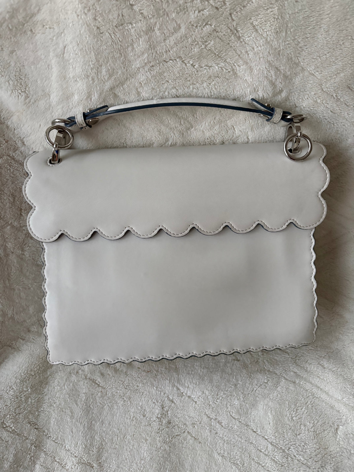 *New Pics* Fendi Kan I Small Scalloped Leather With Silver Chain Shoulder Bag – White