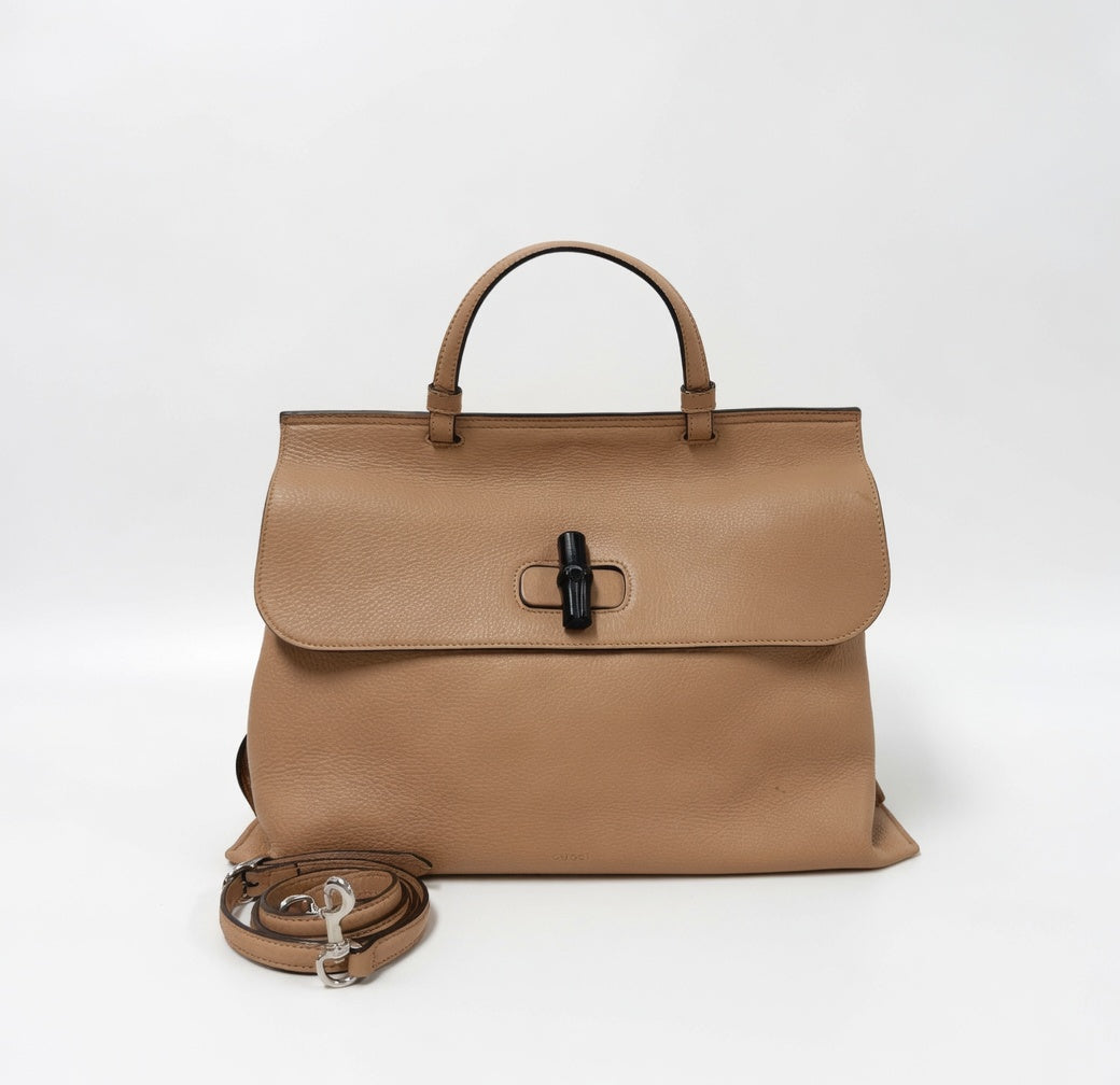 Gucci Large Bamboo Top Handle Leather Bag – Beige