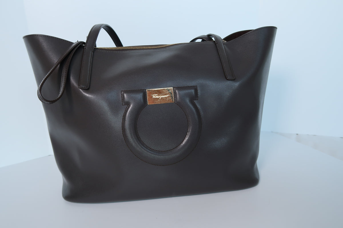 Salvatore Ferragamo City Tote Brown Espresso Leather Excellent