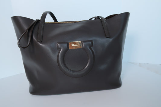 Salvatore Ferragamo City Tote Brown Espresso Leather Excellent