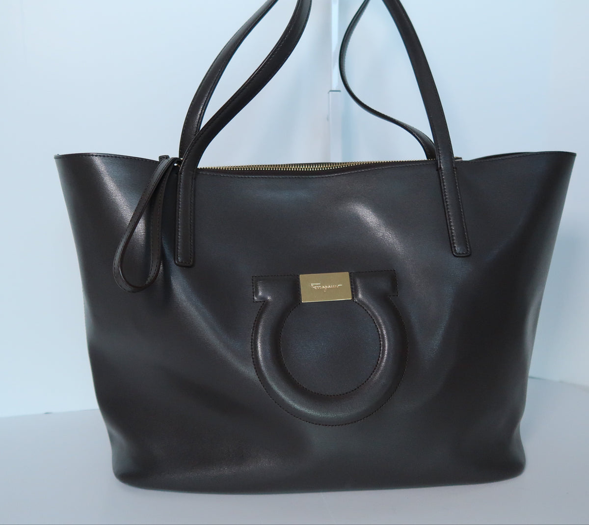 Salvatore Ferragamo City Tote Brown Espresso Leather Excellent