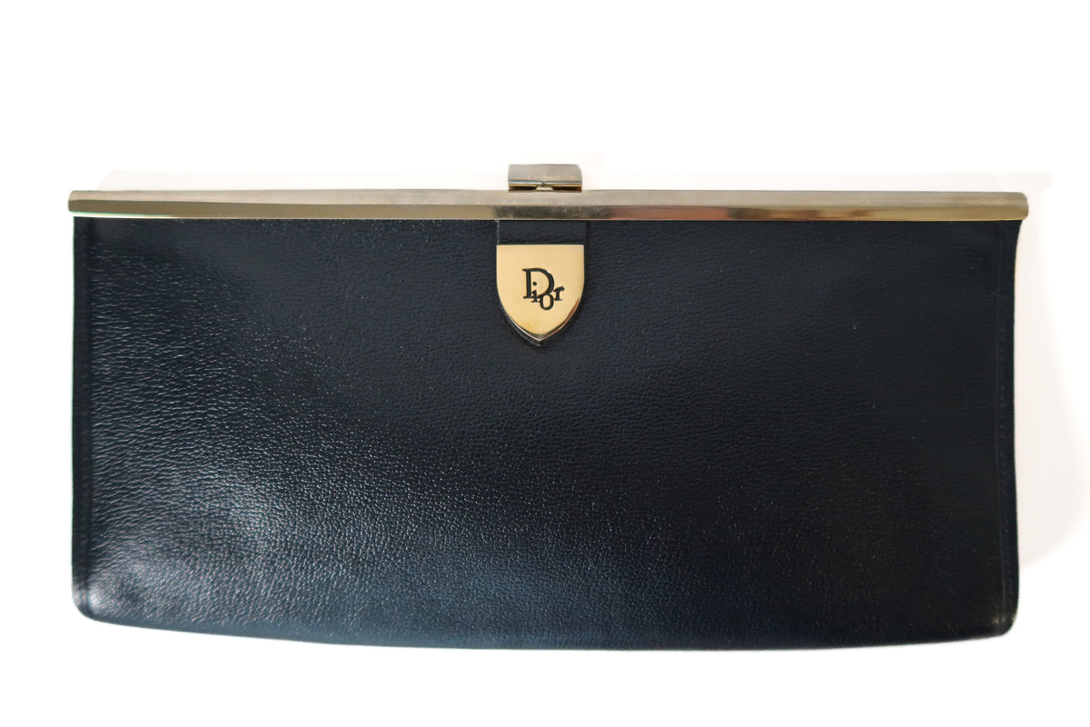 Vintage Christian Dior Timeless Black Leather Clutch with Gold Frame Clasp 1970s - additional view 4