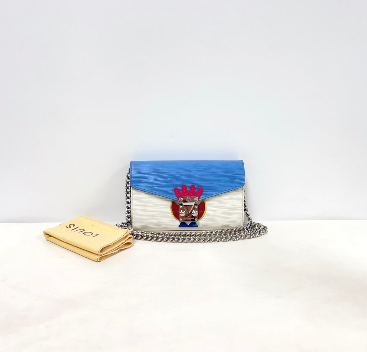 Louis Vuitton Limited Edition Blue and White Epi Tribal Mask Chain Wallet Silver Hardware, 2014