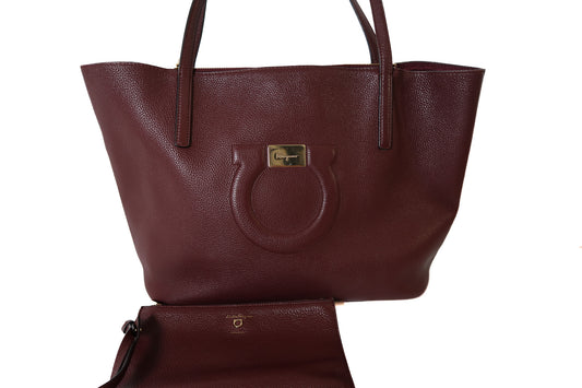 Salvatore Ferragamo Burgundy Wine Red Leather Tote with Gold