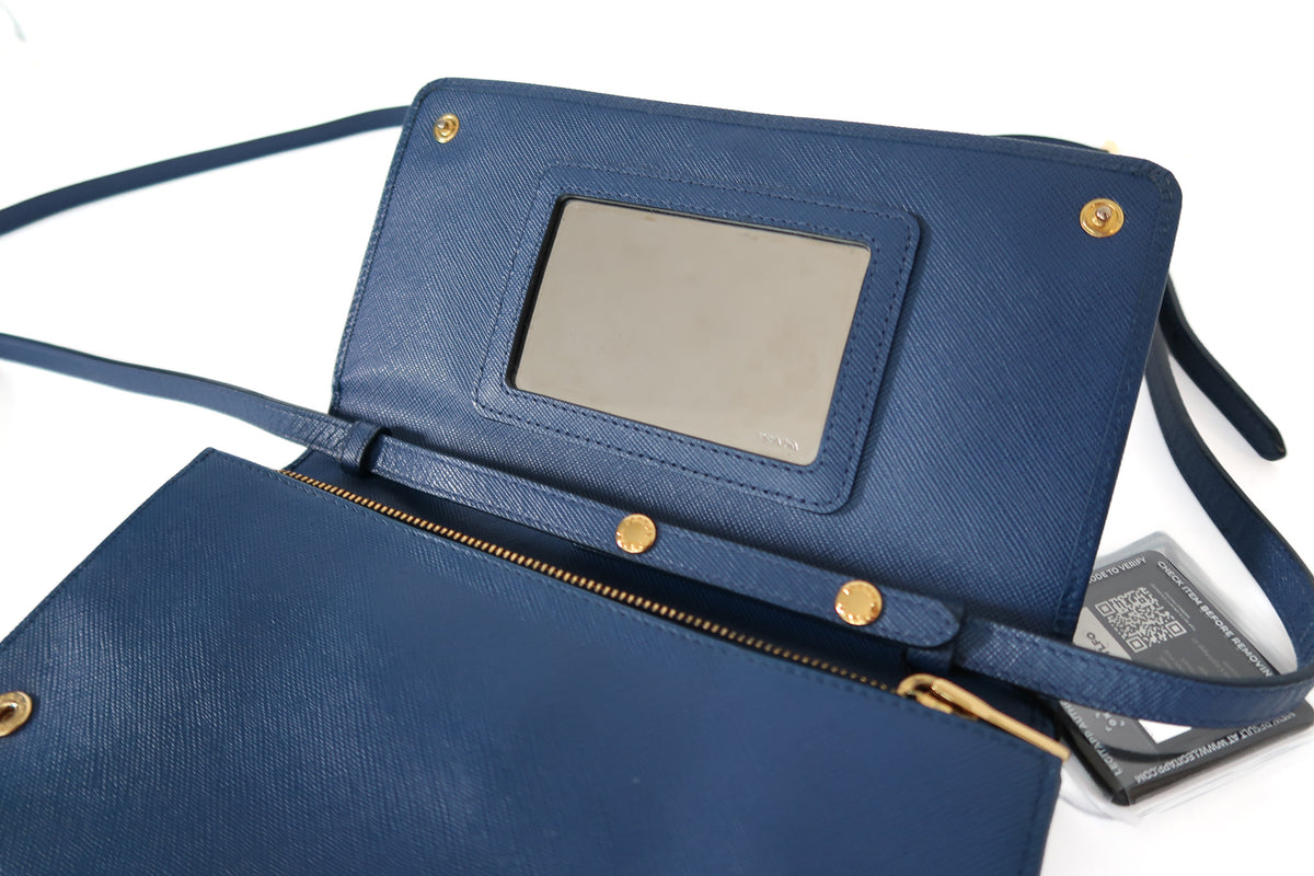 Prada Saffiano Leather Wallet Crossbody Bag with Mirror – Blue - additional view 3