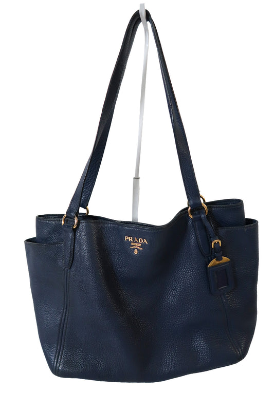 Prada Vitello Daino Side Pocket Leather Tote Navy
