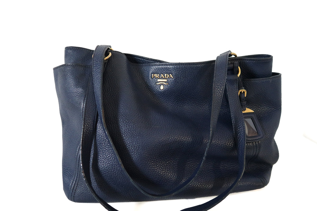 Prada Vitello Daino Side Pocket Leather Tote Navy
