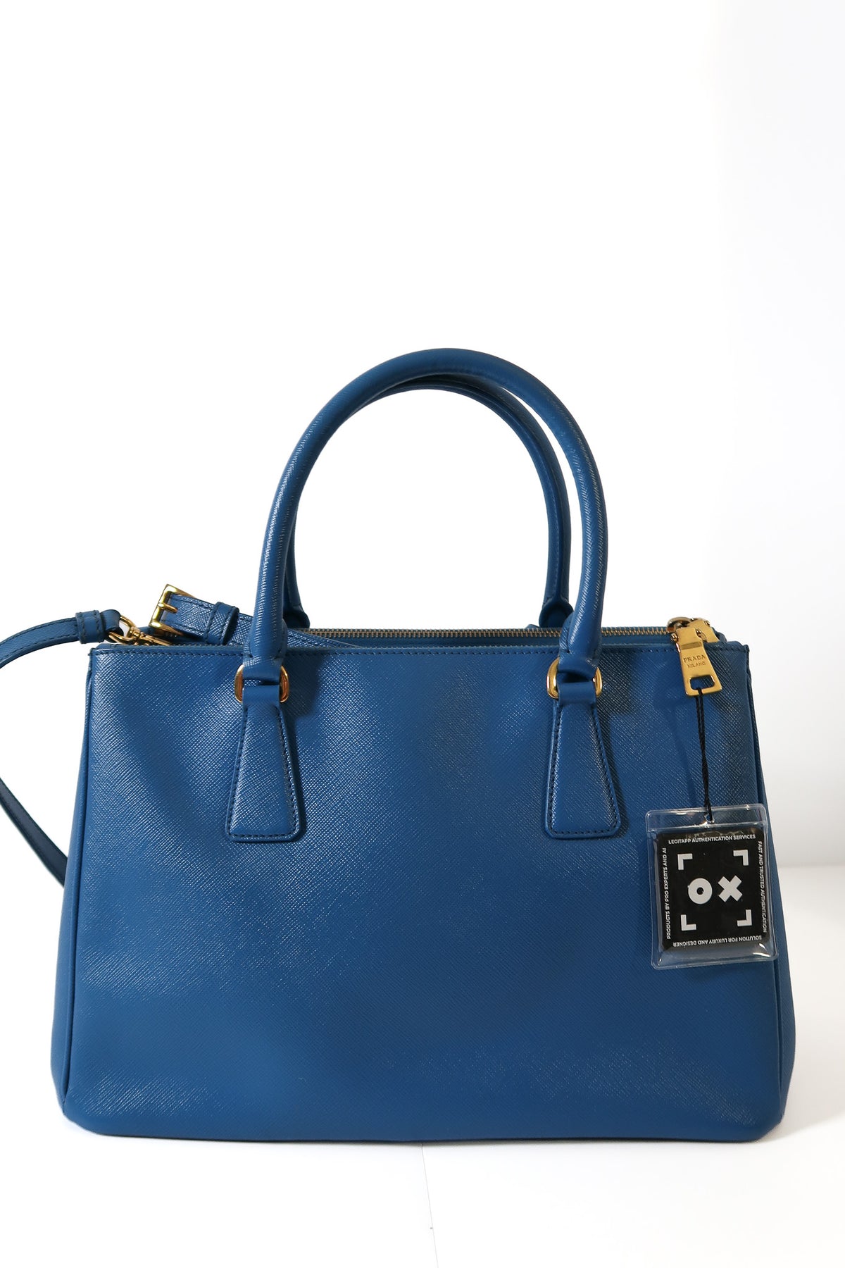 Prada Galleria Blue Saffiano Leather Double Zip Tote Bag with Crossbody Strap - additional view 23