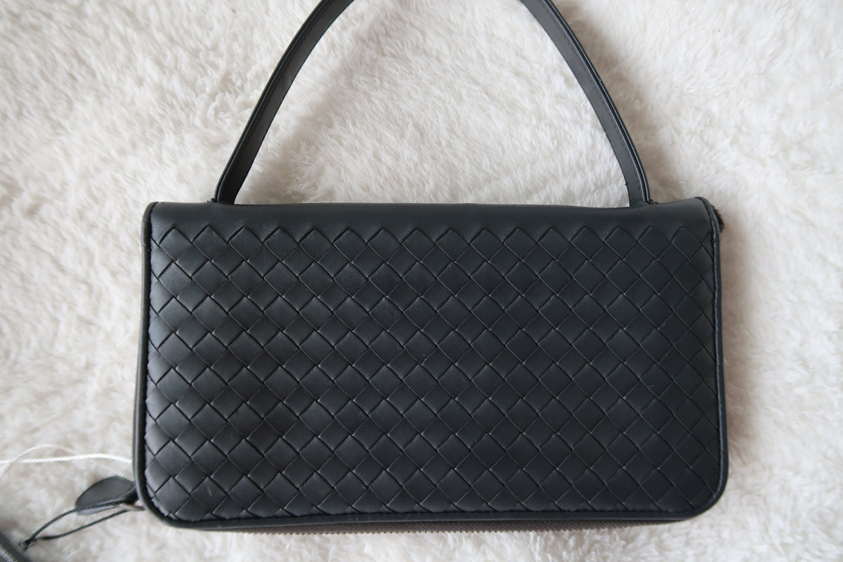 *New Pics* Bottega Veneta Intrecciato Convertible 2-Way Shoulder Bag / Clutch – Charcoal Dark Gray