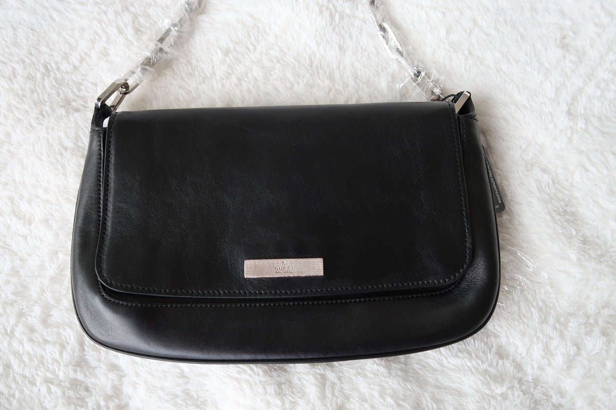 *New Pics* Gucci Black Leather Chain-Link Shoulder Bag - Silver Hardware