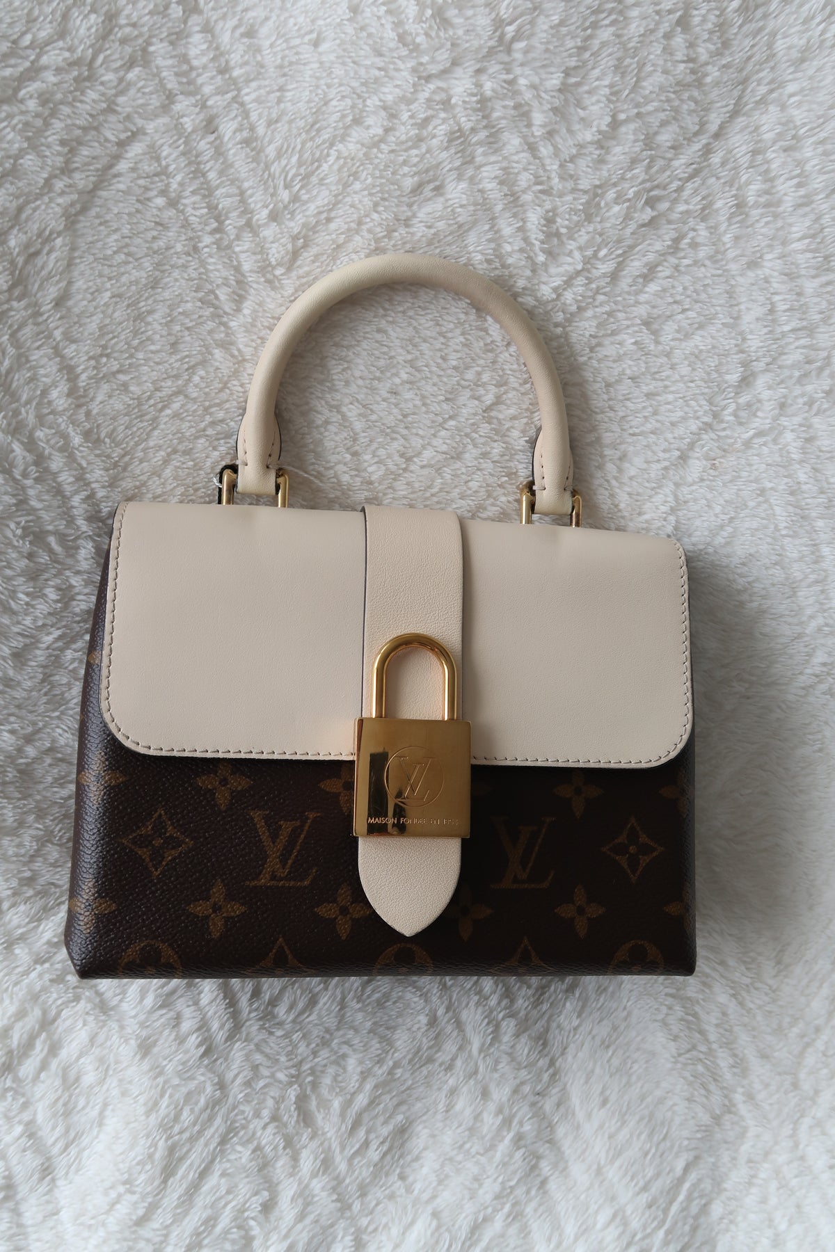 New Pics Louis Vuitton Locky BB Monogram Canvas & Crème Leather Top Handle Crossbody Bag