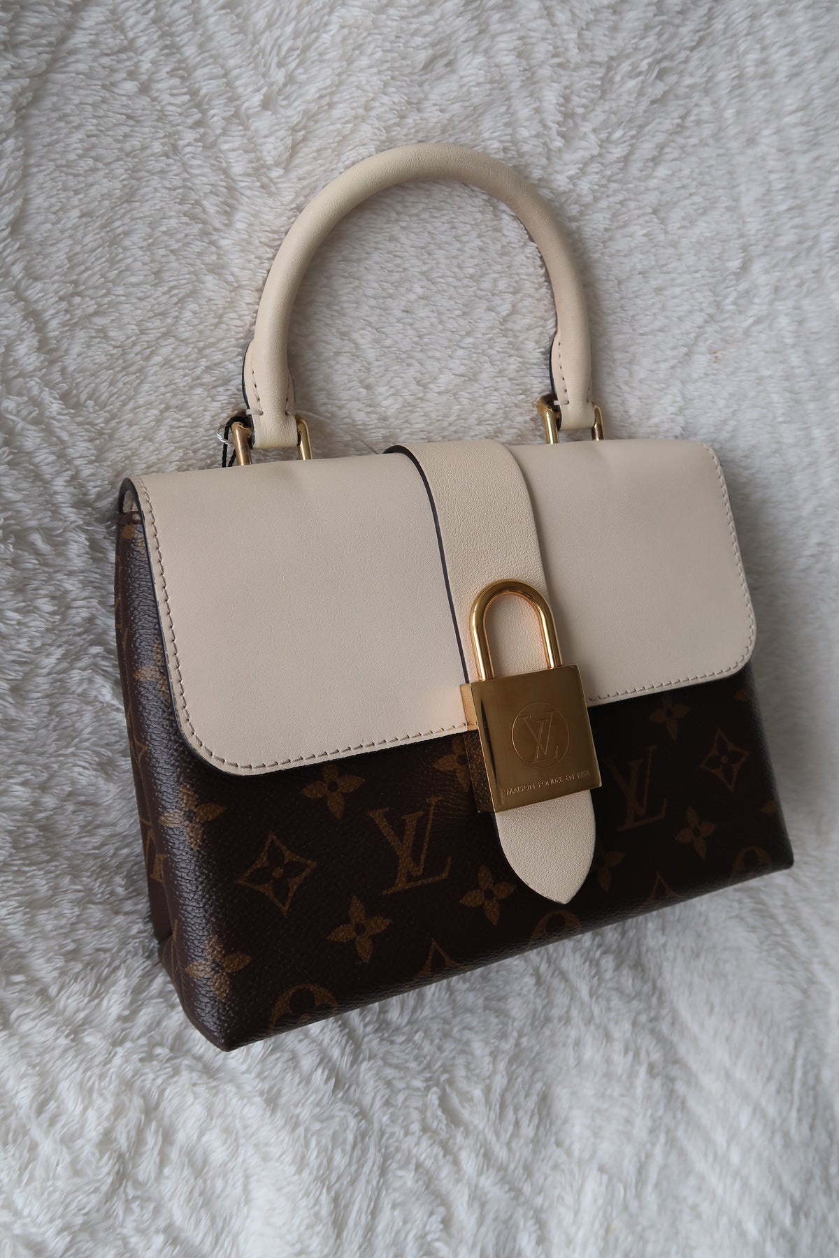 New Pics Louis Vuitton Locky BB Monogram Canvas & Crème Leather Top Handle Crossbody Bag