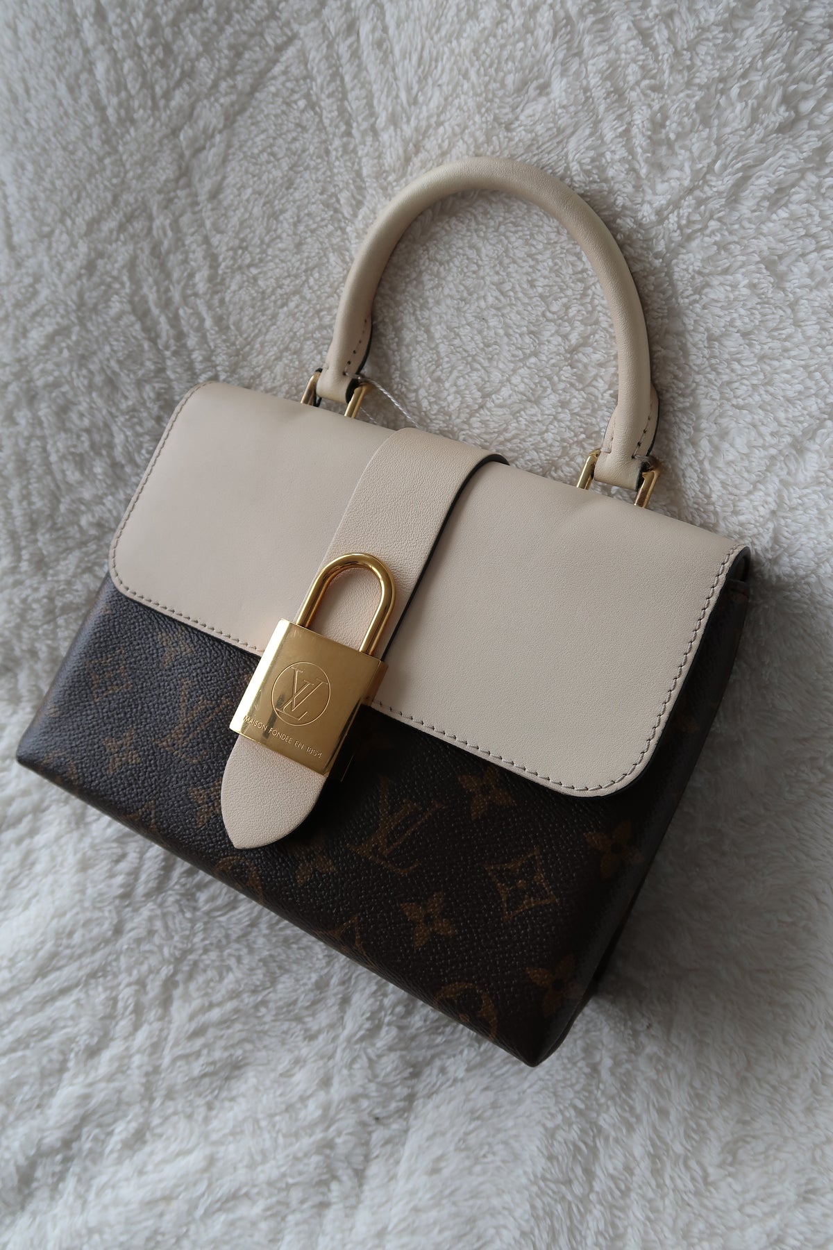 New Pics Louis Vuitton Locky BB Monogram Canvas & Crème Leather Top Handle Crossbody Bag