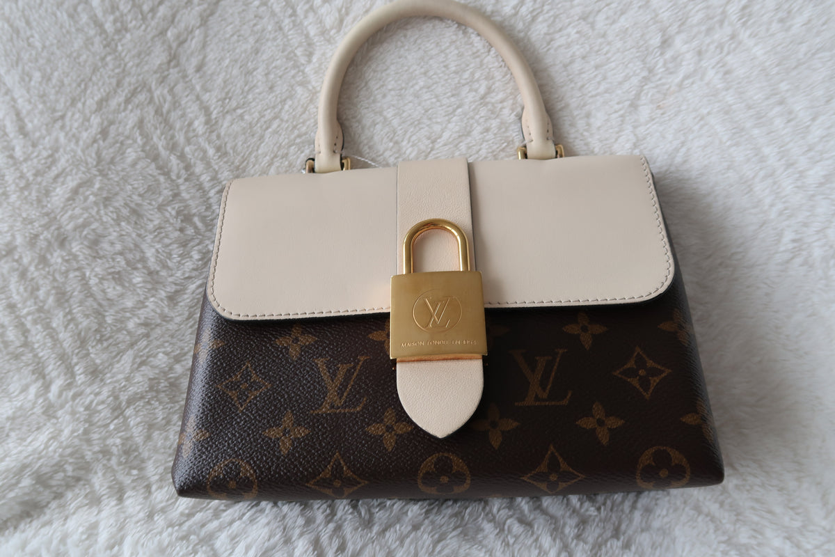 New Pics Louis Vuitton Locky BB Monogram Canvas & Crème Leather Top Handle Crossbody Bag