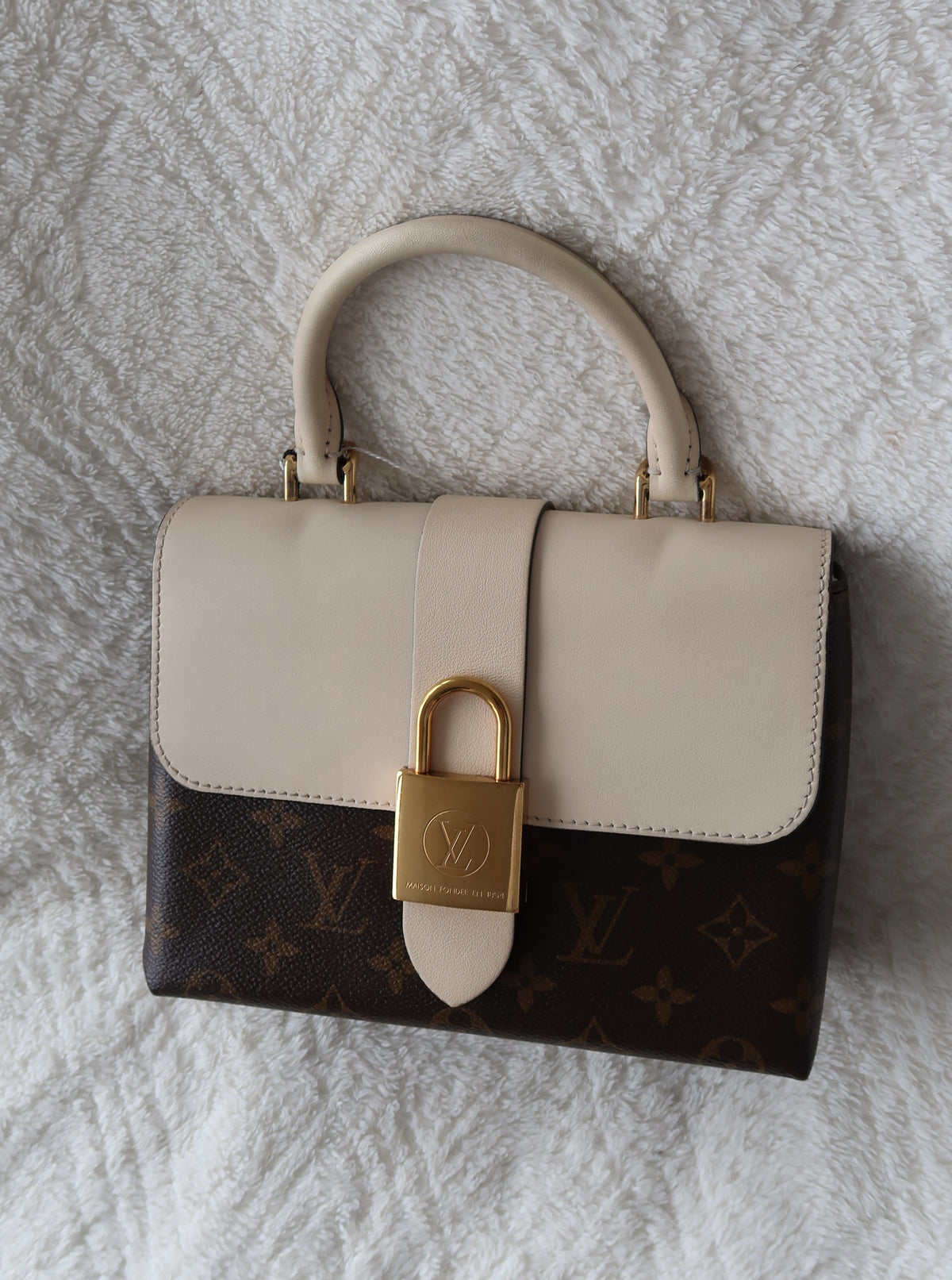 New Pics Louis Vuitton Locky BB Monogram Canvas & Crème Leather Top Handle Crossbody Bag
