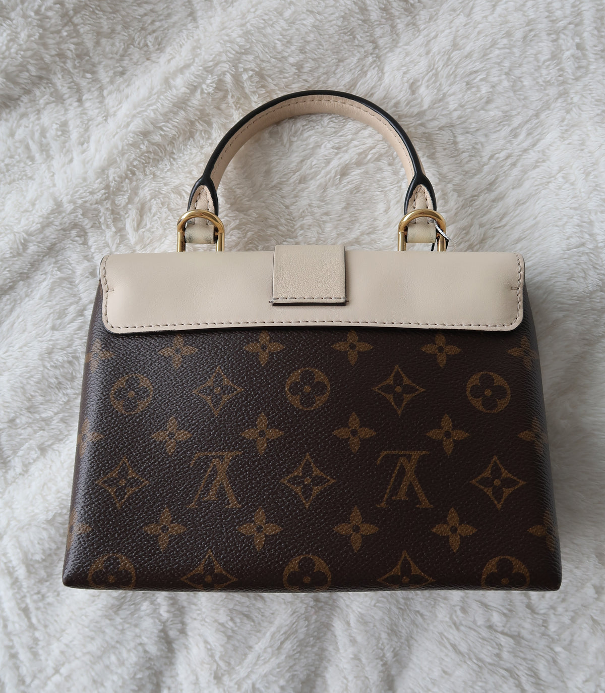 New Pics Louis Vuitton Locky BB Monogram Canvas & Crème Leather Top Handle Crossbody Bag
