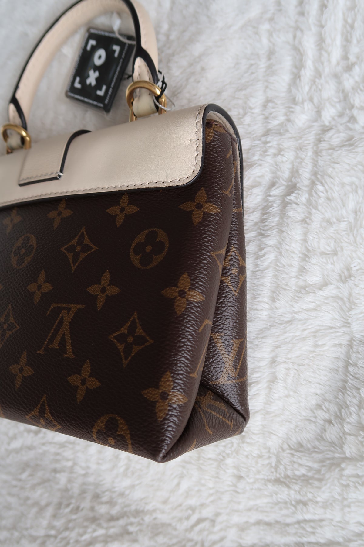 New Pics Louis Vuitton Locky BB Monogram Canvas & Crème Leather Top Handle Crossbody Bag