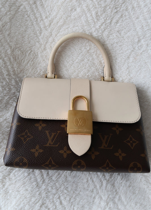 New Pics Louis Vuitton Locky BB Monogram Canvas & Crème Leather Top Handle Crossbody Bag
