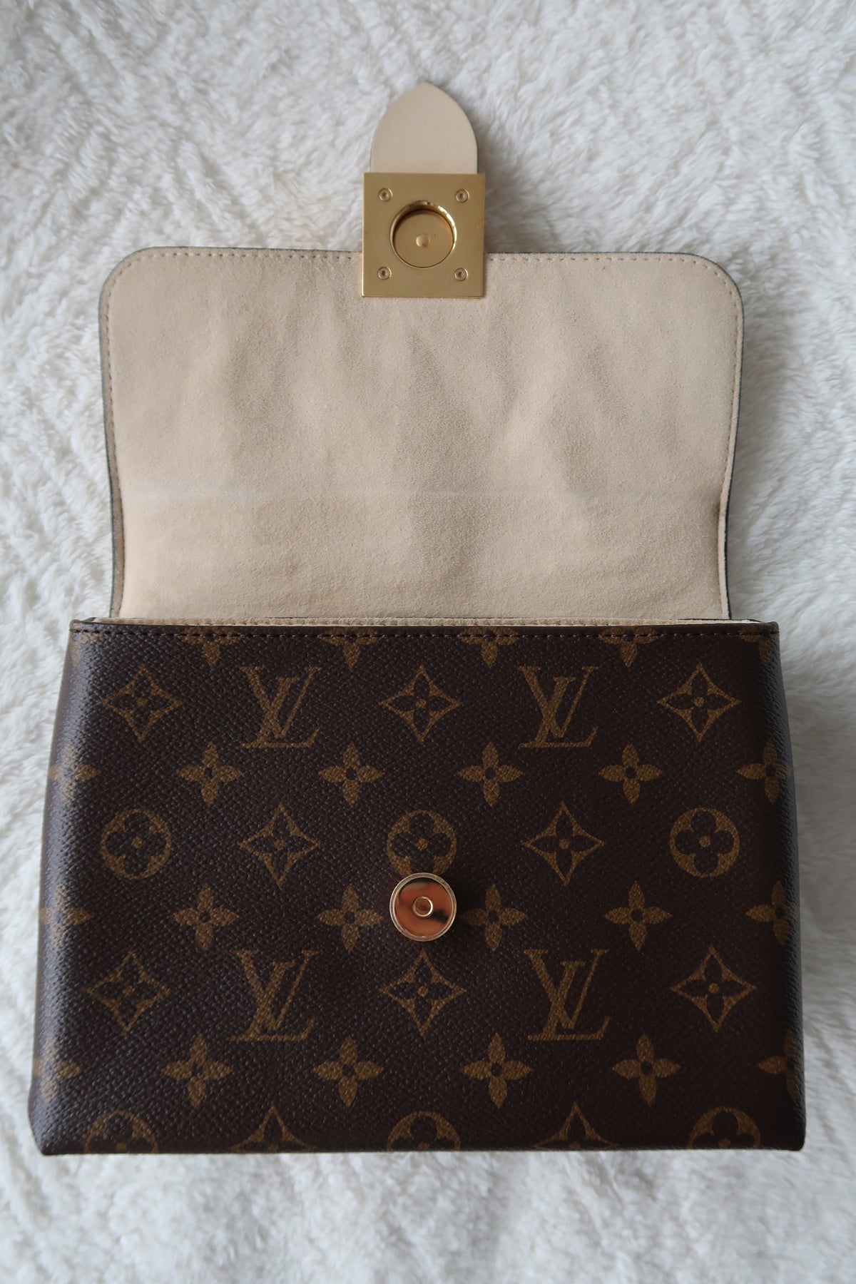 New Pics Louis Vuitton Locky BB Monogram Canvas & Crème Leather Top Handle Crossbody Bag