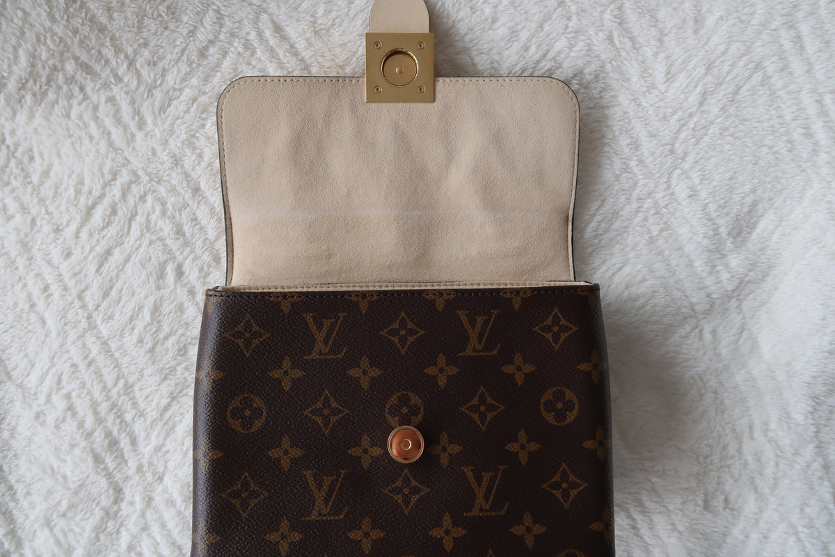 New Pics Louis Vuitton Locky BB Monogram Canvas & Crème Leather Top Handle Crossbody Bag