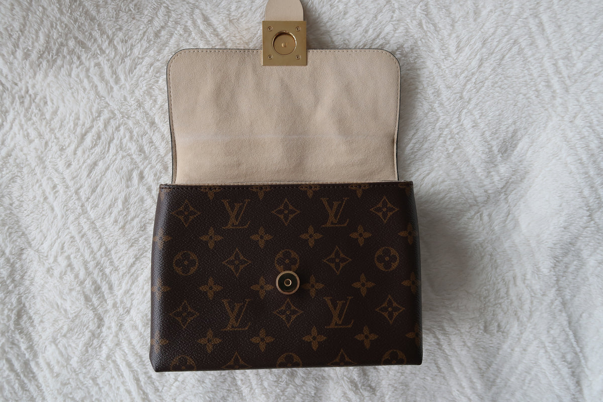 New Pics Louis Vuitton Locky BB Monogram Canvas & Crème Leather Top Handle Crossbody Bag