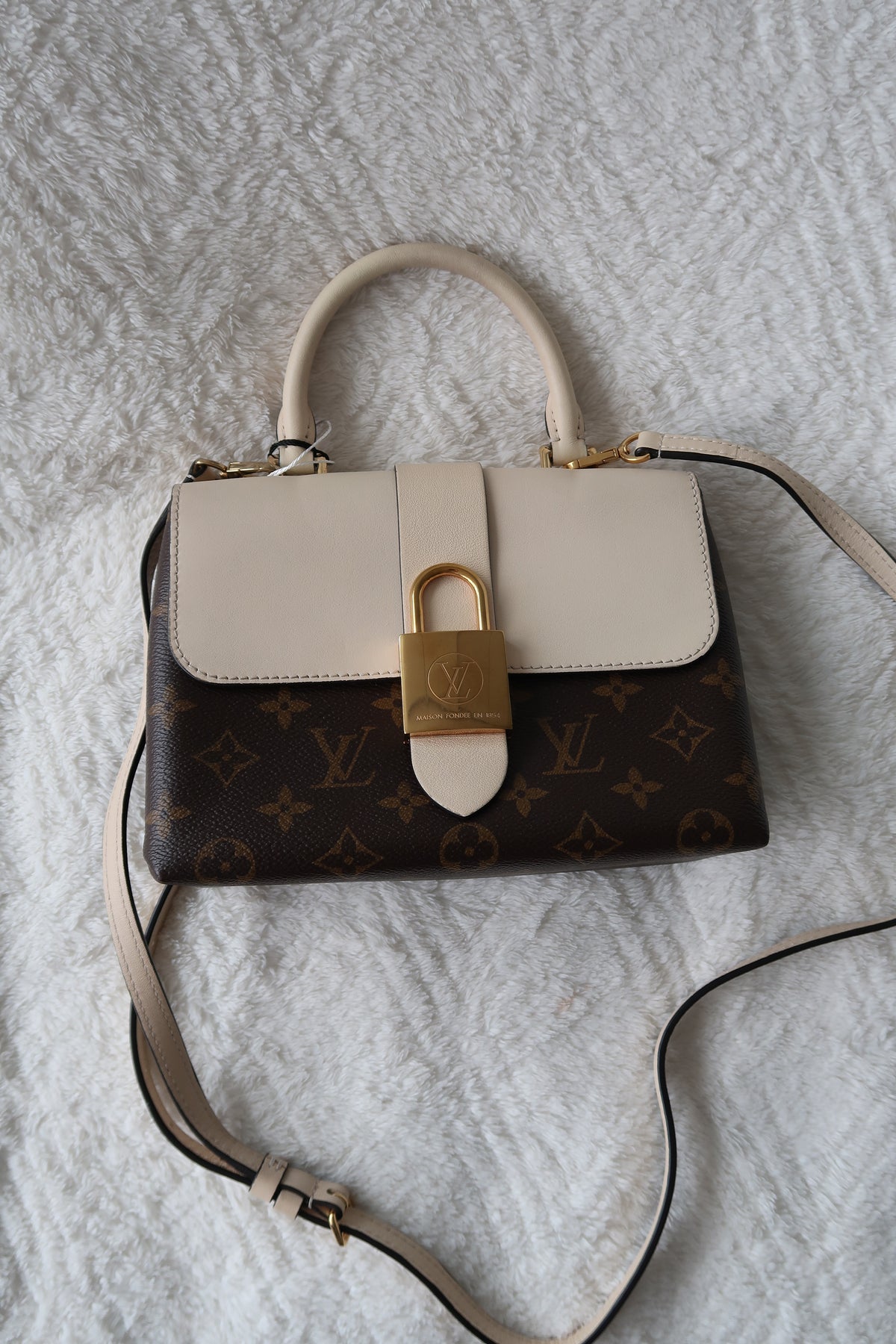 New Pics Louis Vuitton Locky BB Monogram Canvas & Crème Leather Top Handle Crossbody Bag