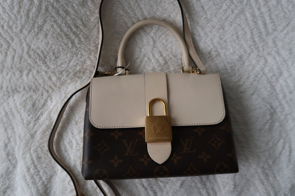 New Pics Louis Vuitton Locky BB Monogram Canvas & Crème Leather Top Handle Crossbody Bag