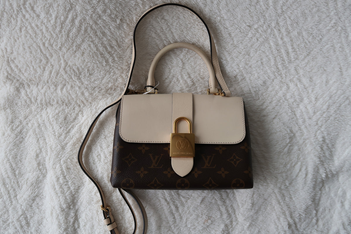New Pics Louis Vuitton Locky BB Monogram Canvas & Crème Leather Top Handle Crossbody Bag