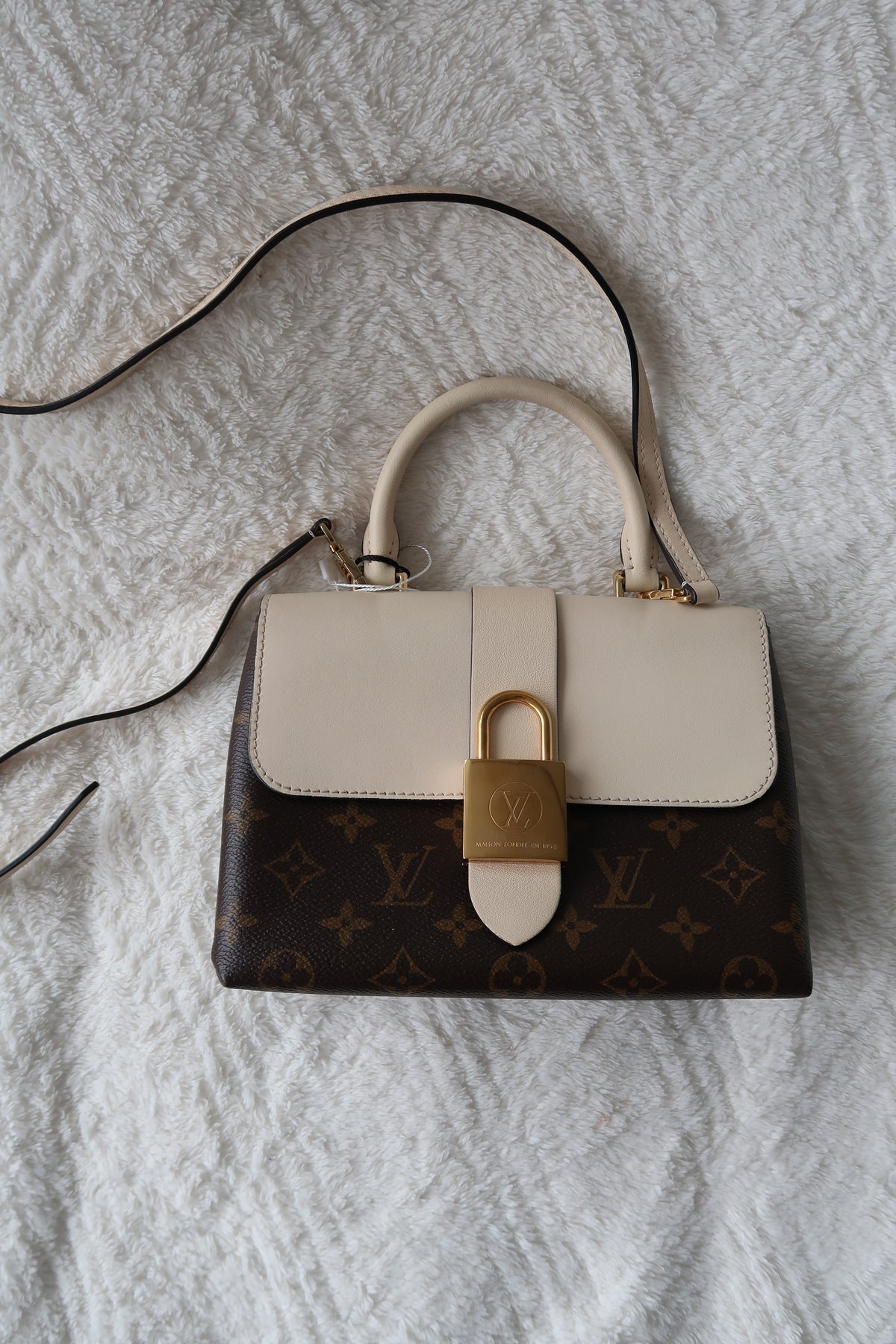 New Pics Louis Vuitton Locky BB Monogram Canvas & Crème Leather Top Handle Crossbody Bag