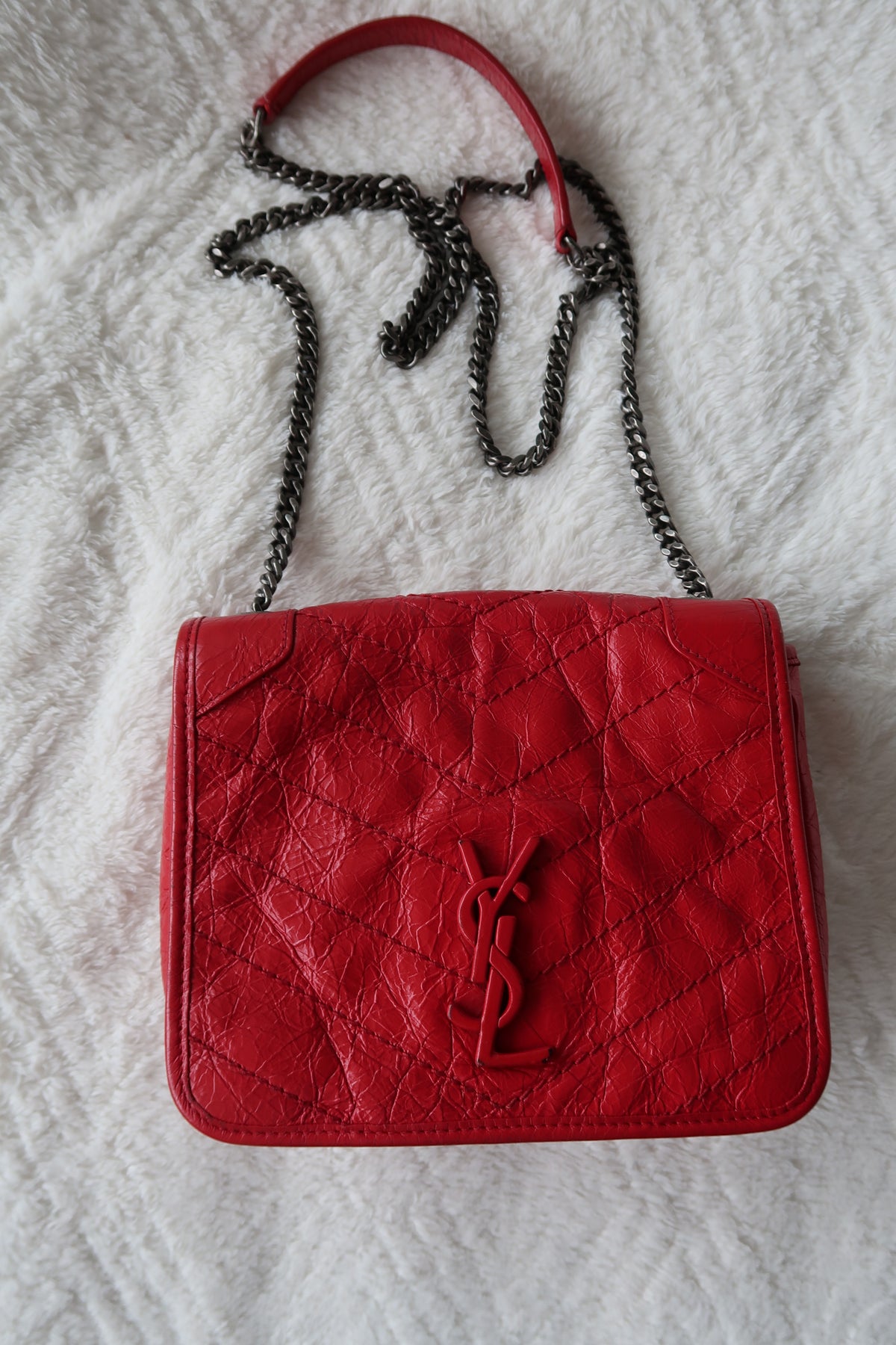 New Pics Saint Laurent Niki Bag Red Crinkled Leather Chain Bag YSL - Baby Small