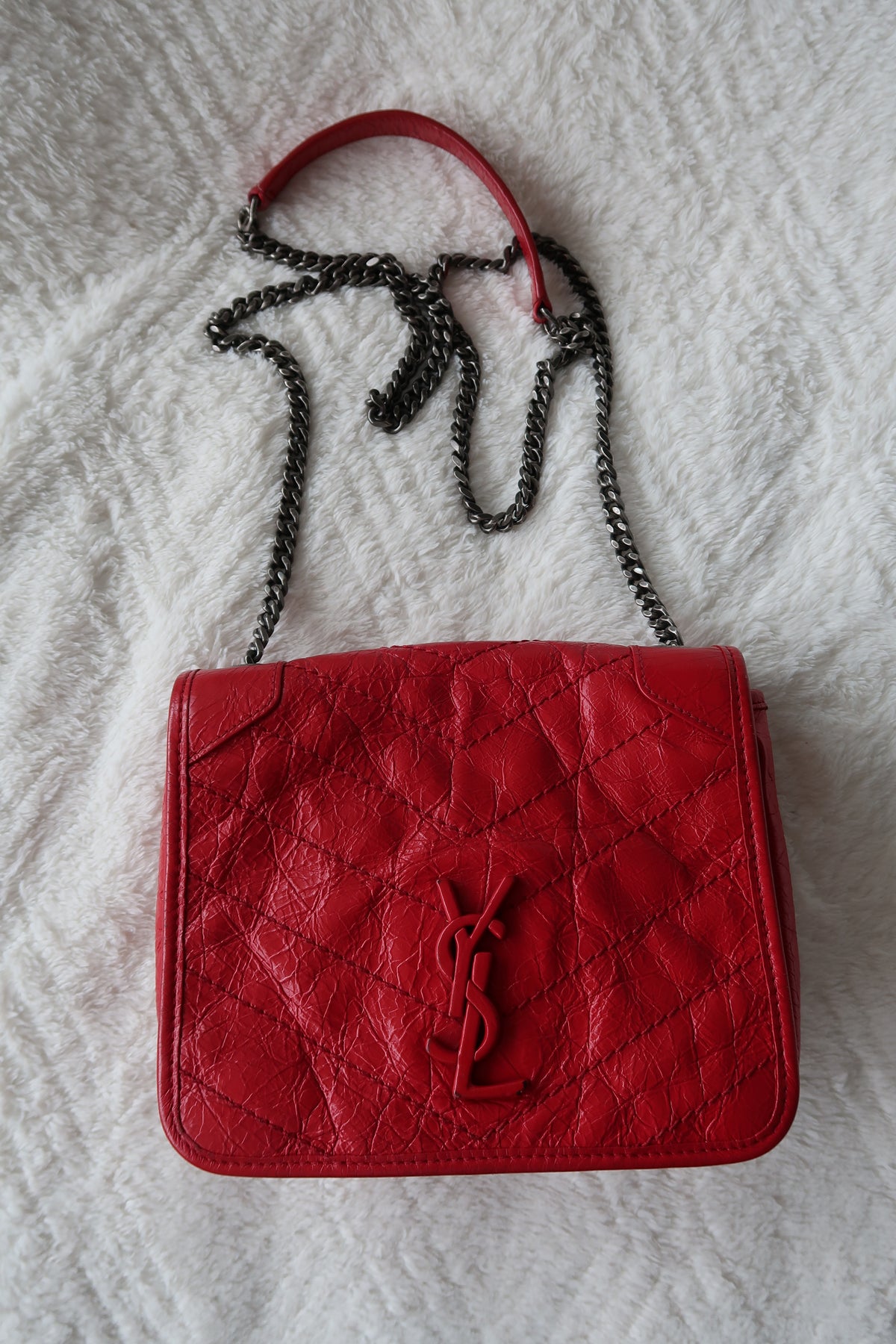 New Pics Saint Laurent Niki Bag Red Crinkled Leather Chain Bag YSL - Baby Small