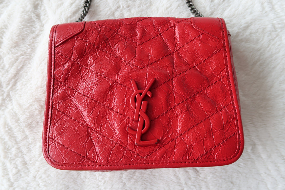 New Pics Saint Laurent Niki Bag Red Crinkled Leather Chain Bag YSL - Baby Small