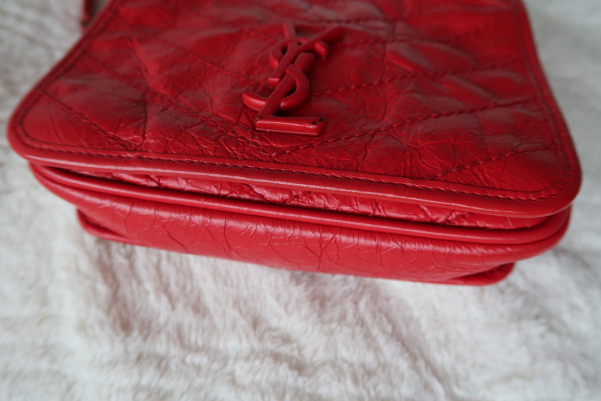 New Pics Saint Laurent Niki Bag Red Crinkled Leather Chain Bag YSL - Baby Small