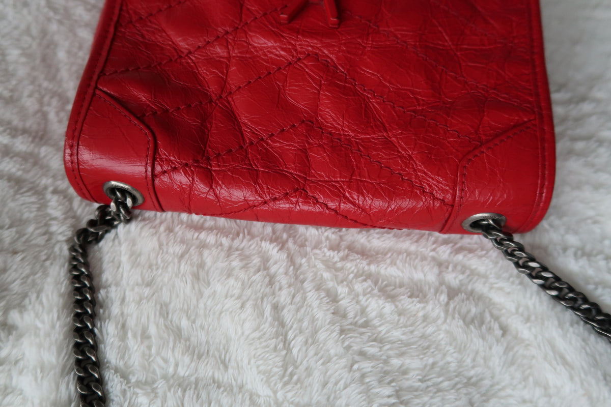 New Pics Saint Laurent Niki Bag Red Crinkled Leather Chain Bag YSL - Baby Small