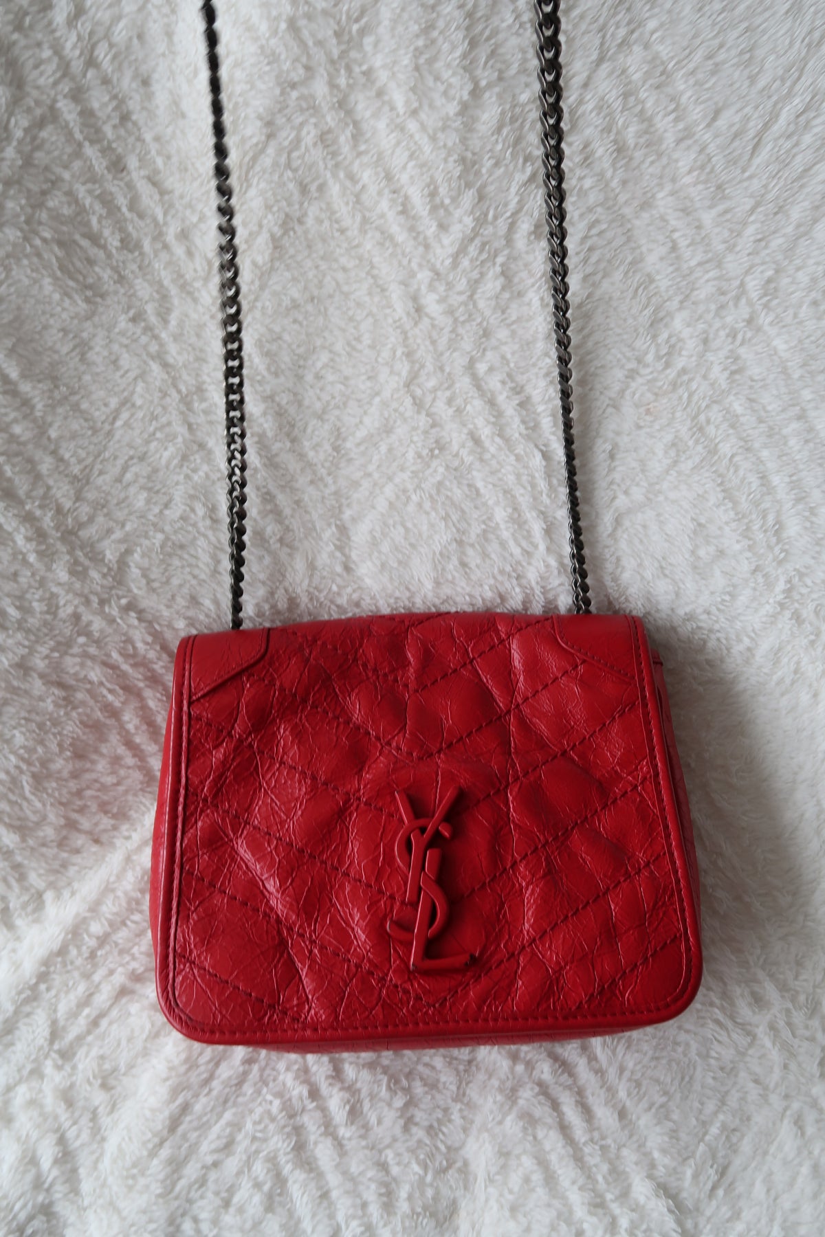 New Pics Saint Laurent Niki Bag Red Crinkled Leather Chain Bag YSL - Baby Small