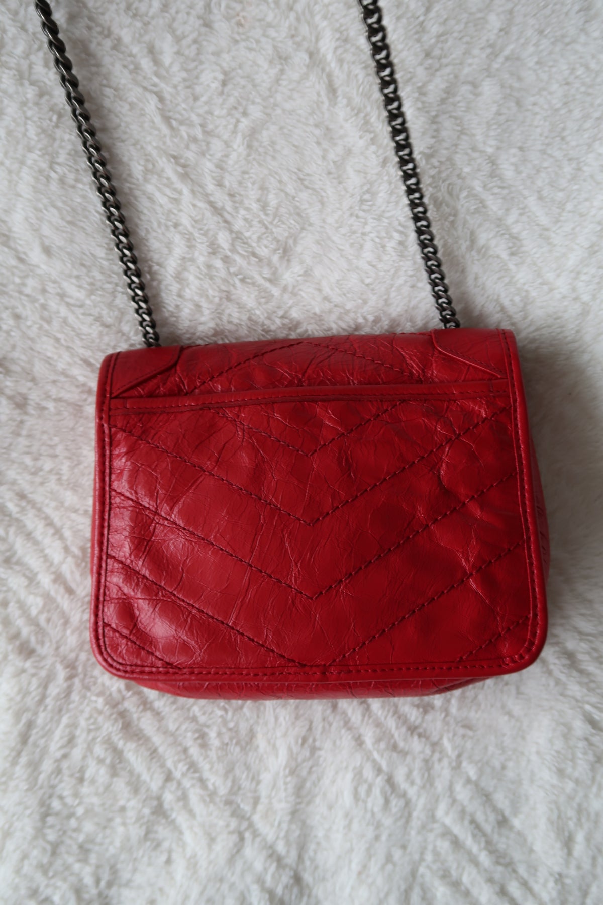 New Pics Saint Laurent Niki Bag Red Crinkled Leather Chain Bag YSL - Baby Small