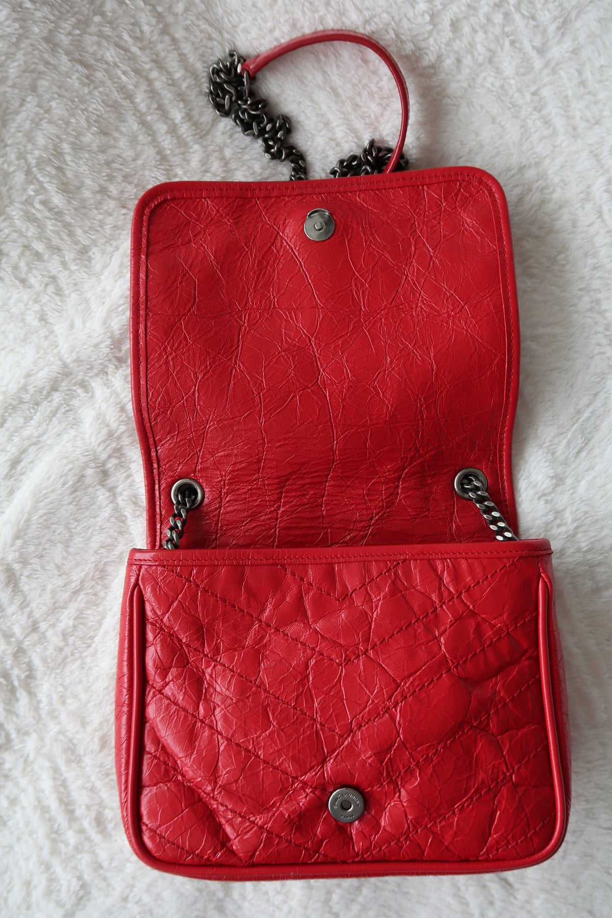 New Pics Saint Laurent Niki Bag Red Crinkled Leather Chain Bag YSL - Baby Small