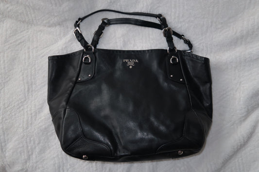 Prada Black Leather Shoulder Tote Bag