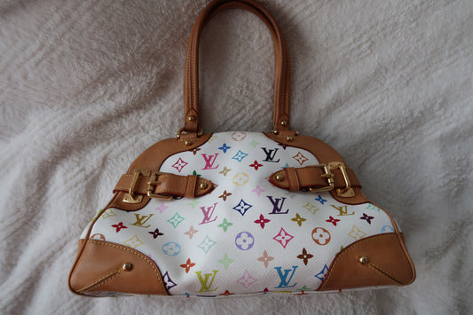 Collectible Y2K-era Louis Vuitton x Takashi Murakami Monogram Multicolore Claudia Handbag – White