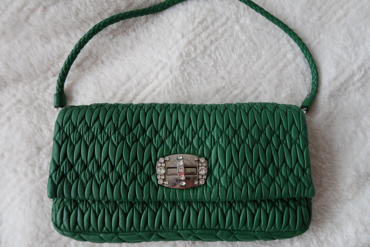 Miu Miu Nappa Matelassé Crystal Convertible Shoulder Bag & Clutch – Emerald Green