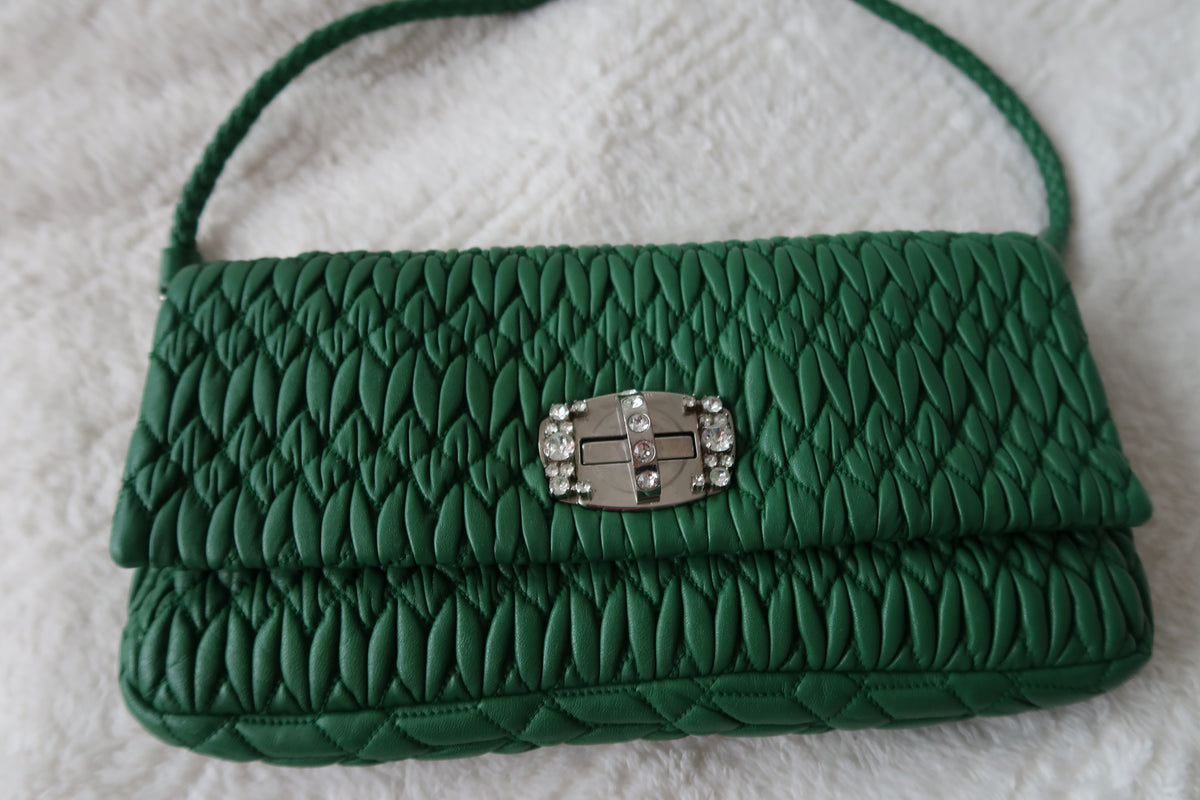 Miu Miu Nappa Matelassé Crystal Convertible Shoulder Bag & Clutch – Emerald Green