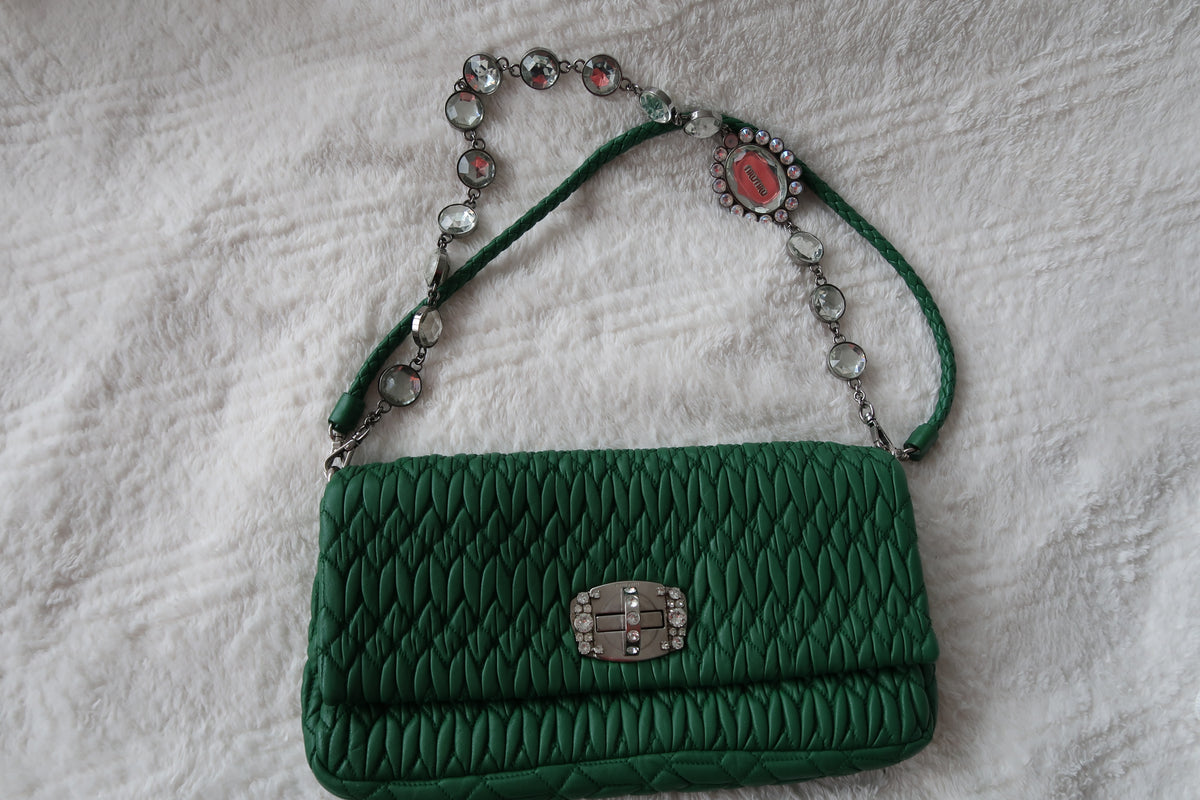 Miu Miu Nappa Matelassé Crystal Convertible Shoulder Bag & Clutch – Emerald Green