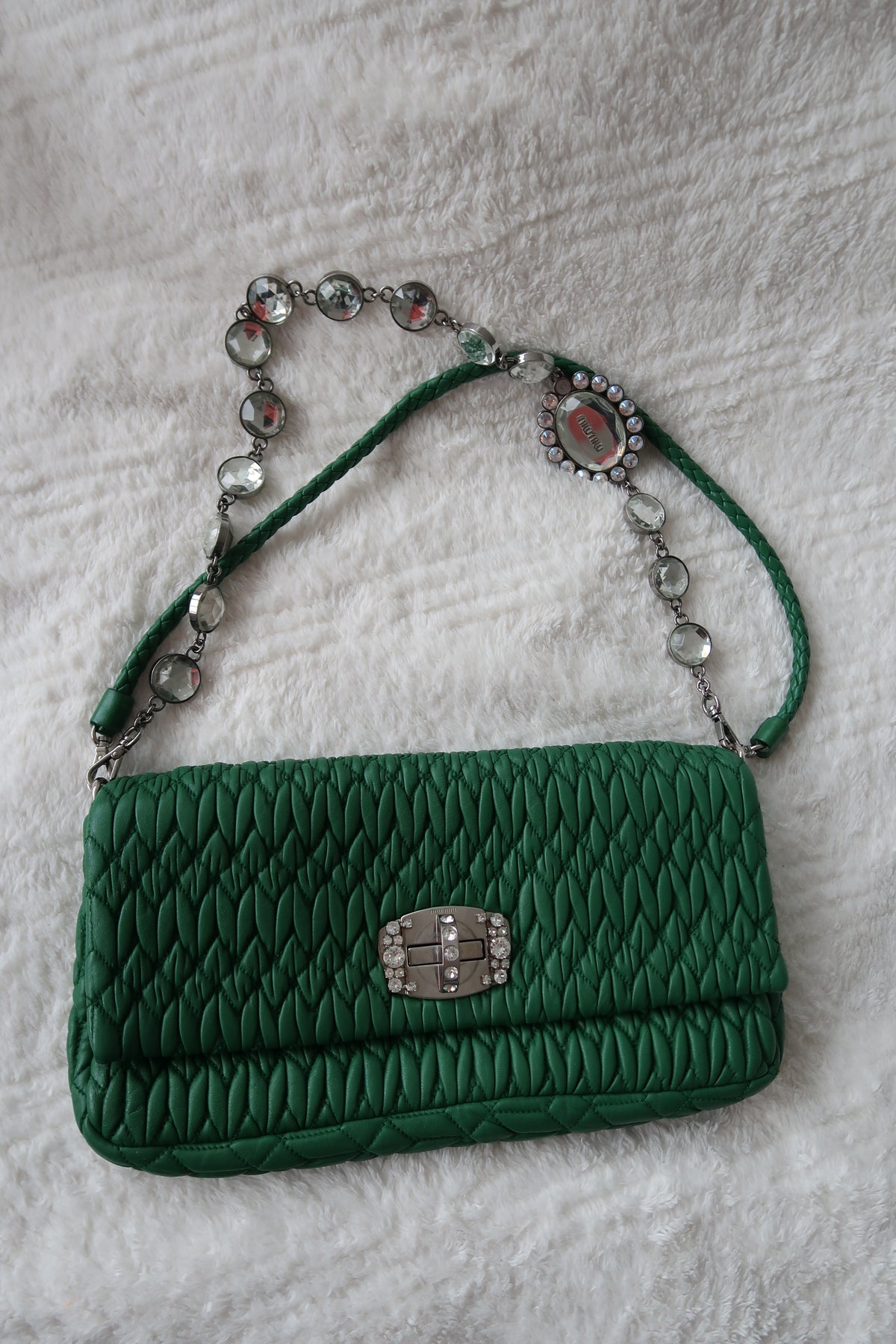 Miu Miu Nappa Matelassé Crystal Convertible Shoulder Bag & Clutch – Emerald Green
