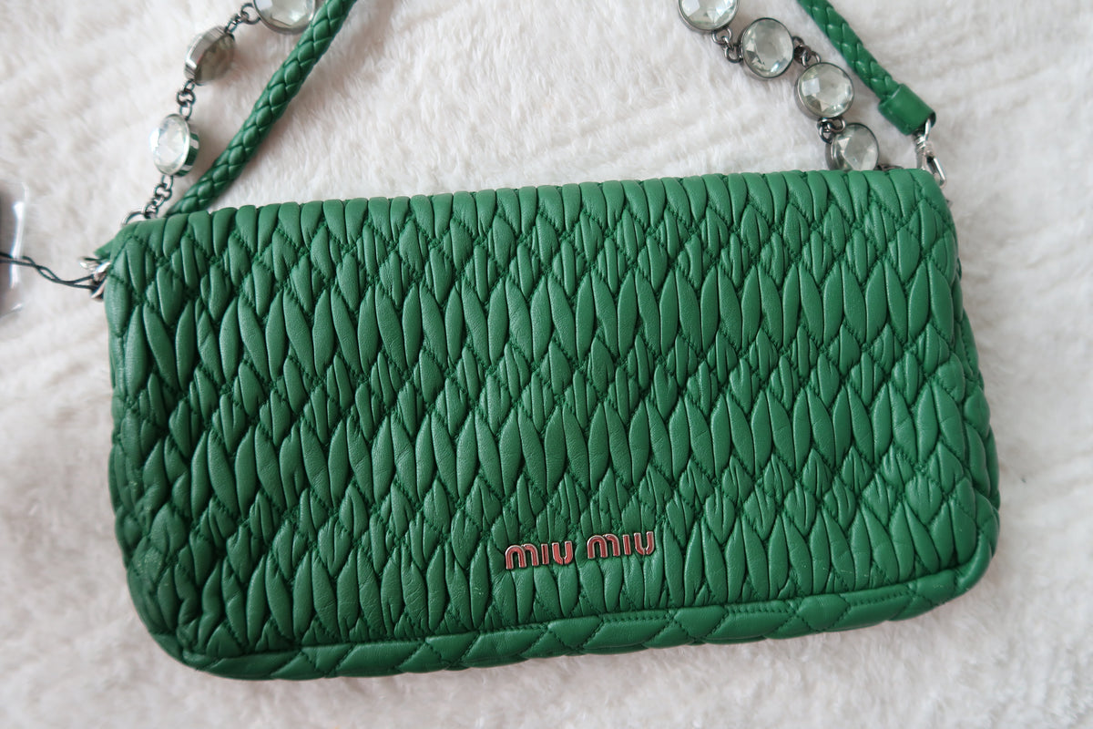 Miu Miu Nappa Matelassé Crystal Convertible Shoulder Bag & Clutch – Emerald Green