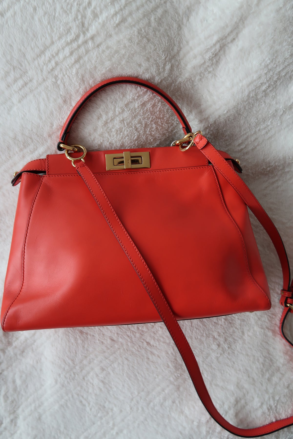 Fendi Medium Peekaboo Bag – Orange Leather with Pequin Stripe Interior